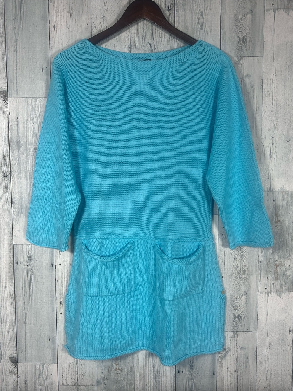 Pure Handknit M/L Turquoise Cotton Sweater Dress Tunic Pockets Boho
Coastal